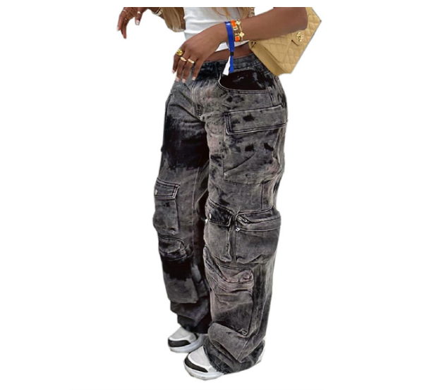 Women's Trendy Straight Baggy Large Multi Pocket Jeans
