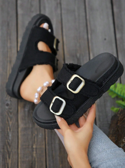Women Fashionable Black Tassel-Trimmed Belt Buckle Wedge Heel Sandals, Summer Outdoor Platform Slide Slippers