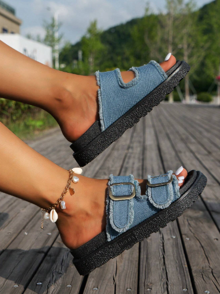 Women's Blue Fringed Casual Vacation Style Slip-On Thick-Soled Sandals With Buckle