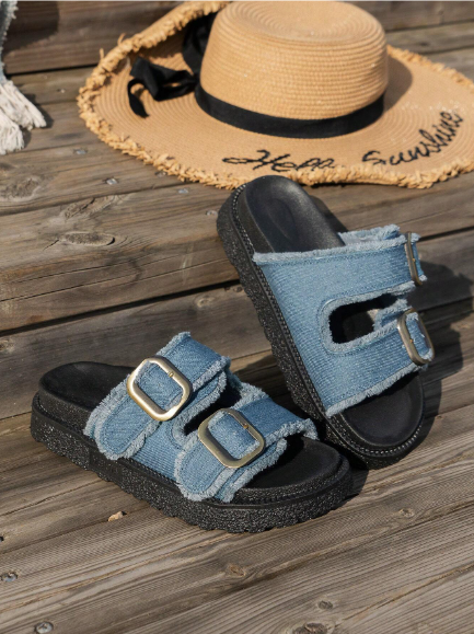 Women's Blue Fringed Casual Vacation Style Slip-On Thick-Soled Sandals With Buckle