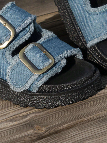Women's Blue Fringed Casual Vacation Style Slip-On Thick-Soled Sandals With Buckle