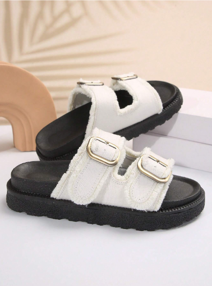 Women Fashionable All-Match White Fringe Edge Casual Vacation Style Buckle Strap Wedge Platform Sandals, Summer Outdoor Thick-Soled Slippers