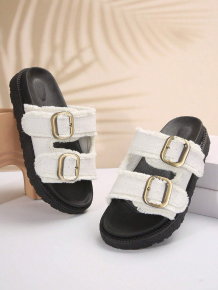 Women Fashionable All-Match White Fringe Edge Casual Vacation Style Buckle Strap Wedge Platform Sandals, Summer Outdoor Thick-Soled Slippers