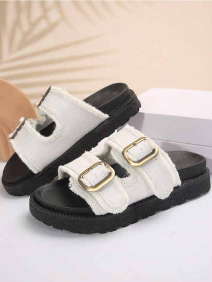 Women Fashionable All-Match White Fringe Edge Casual Vacation Style Buckle Strap Wedge Platform Sandals, Summer Outdoor Thick-Soled Slippers