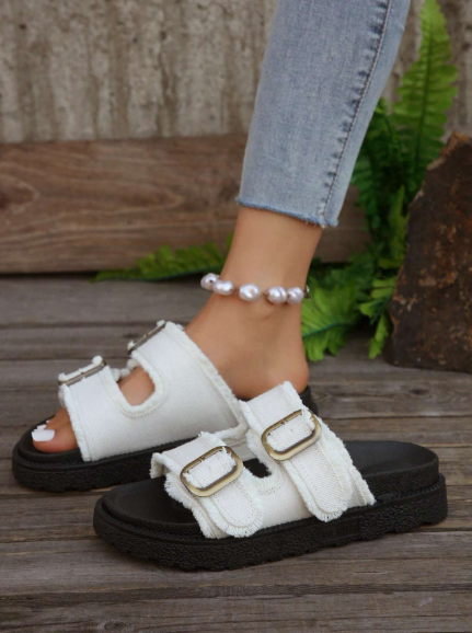 Women Fashionable All-Match White Fringe Edge Casual Vacation Style Buckle Strap Wedge Platform Sandals, Summer Outdoor Thick-Soled Slippers