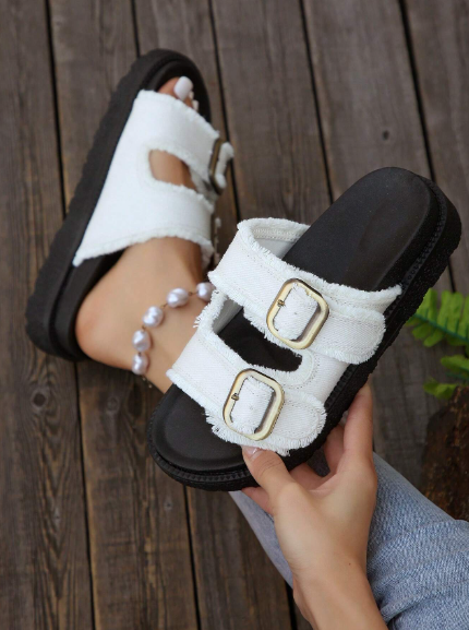 Women Fashionable All-Match White Fringe Edge Casual Vacation Style Buckle Strap Wedge Platform Sandals, Summer Outdoor Thick-Soled Slippers