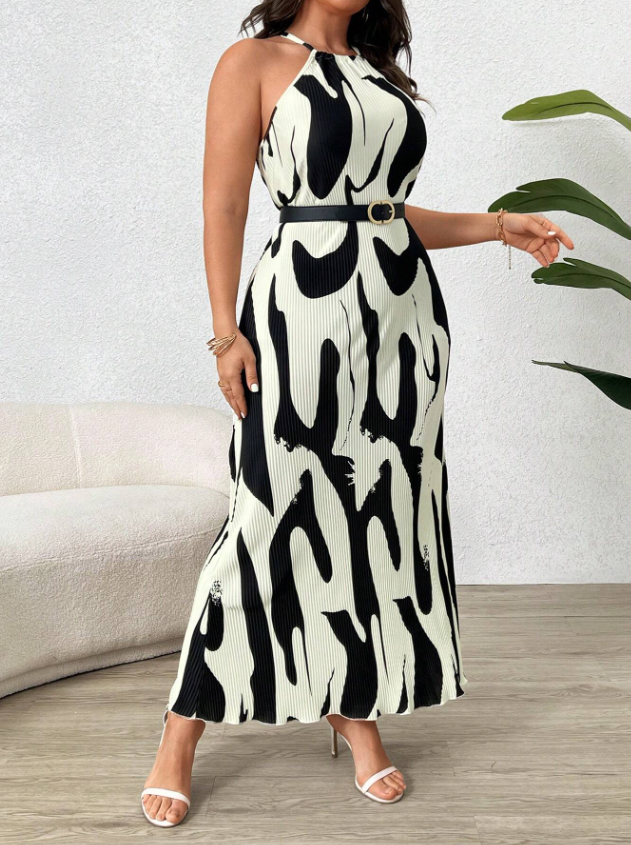 Women's Fashion Black & White Print Halter Neck Dress