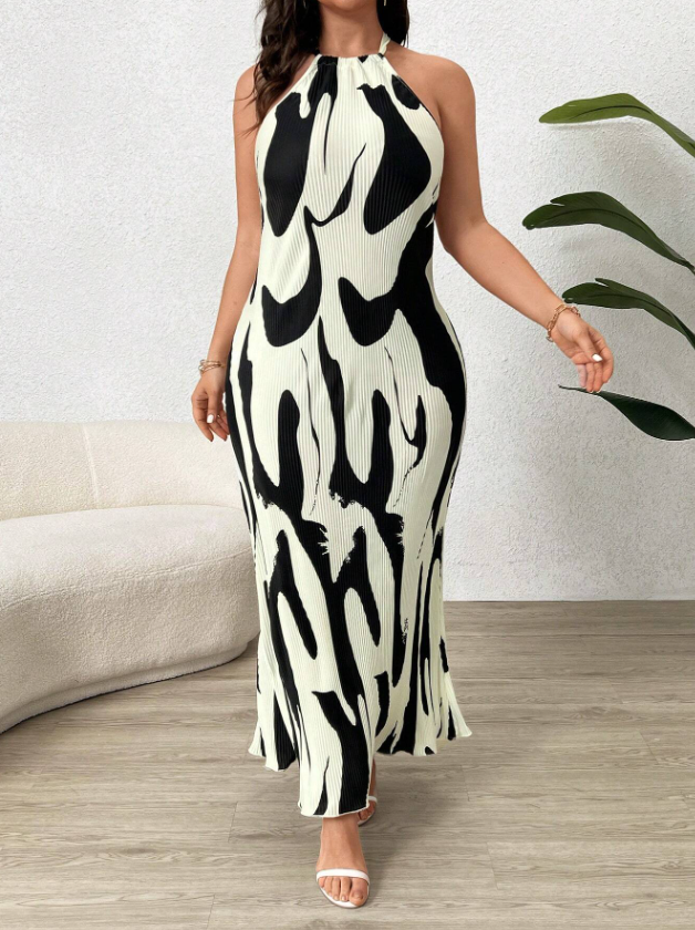 Women's Fashion Black & White Print Halter Neck Dress