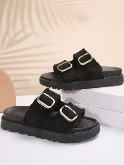 Women Fashionable Black Tassel-Trimmed Belt Buckle Wedge Heel Sandals, Summer Outdoor Platform Slide Slippers