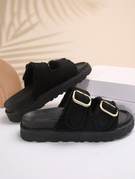 Women Fashionable Black Tassel-Trimmed Belt Buckle Wedge Heel Sandals, Summer Outdoor Platform Slide Slippers