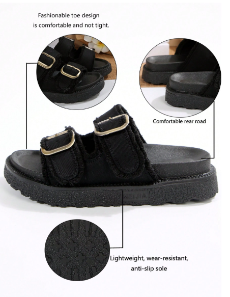 Women Fashionable Black Tassel-Trimmed Belt Buckle Wedge Heel Sandals, Summer Outdoor Platform Slide Slippers