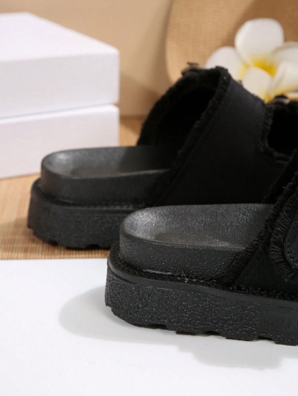 Women Fashionable Black Tassel-Trimmed Belt Buckle Wedge Heel Sandals, Summer Outdoor Platform Slide Slippers