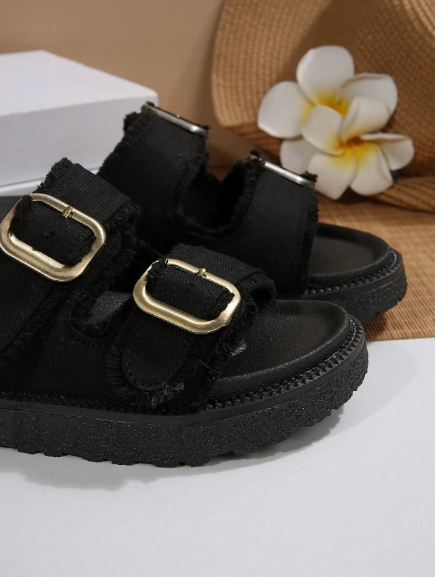 Women Fashionable Black Tassel-Trimmed Belt Buckle Wedge Heel Sandals, Summer Outdoor Platform Slide Slippers