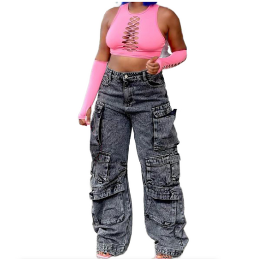 Women's Jeans Hot Trend Multi-Pocket Large Size Jeans-Dark Grey