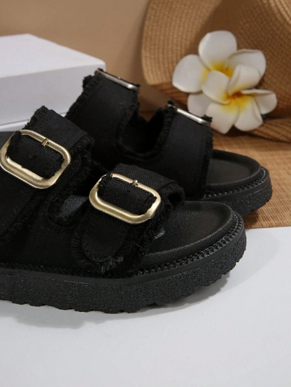 Women Fashionable Black Tassel-Trimmed Belt Buckle Wedge Heel Sandals, Summer Outdoor Platform Slide Slippers
